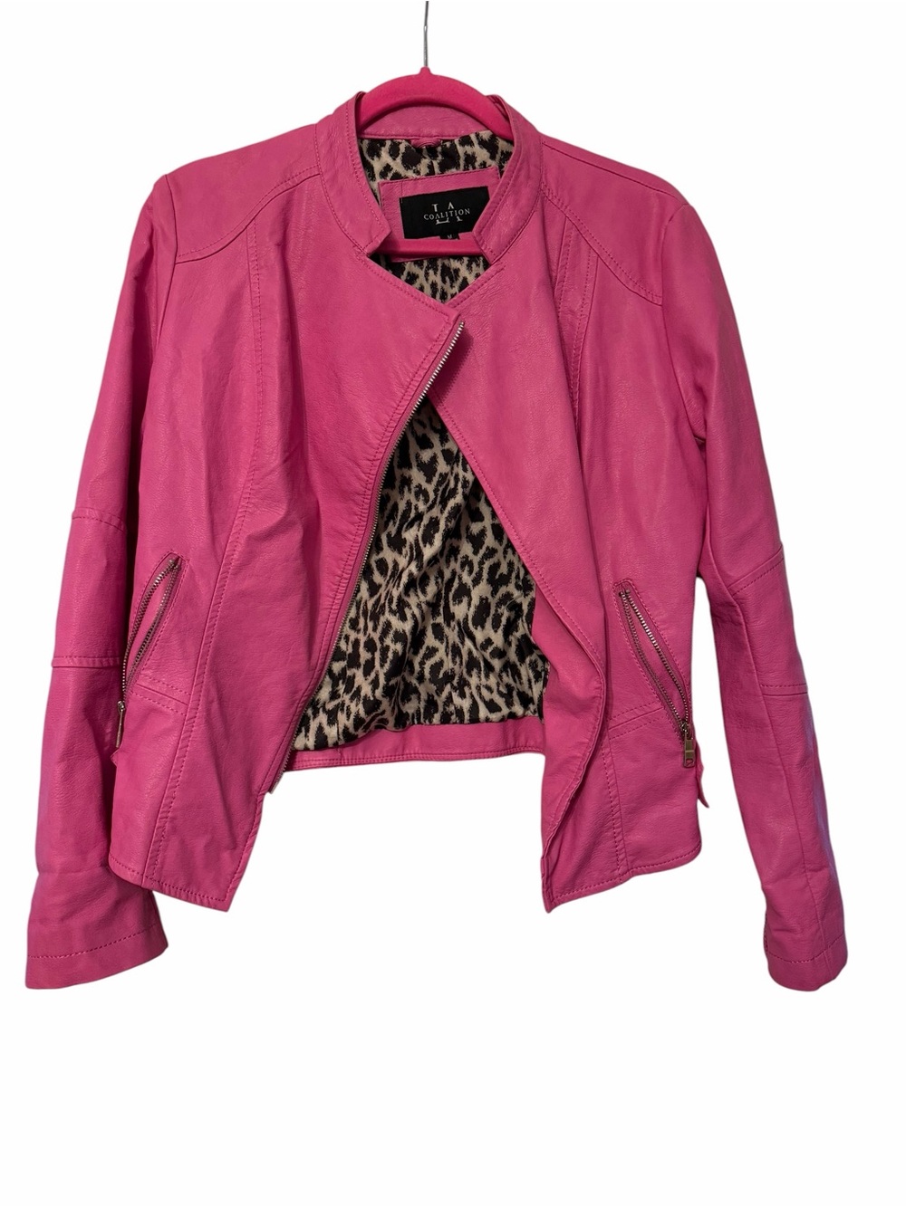 LA coalition Hot Pink Leather Moto Jacket with Leopard Lining